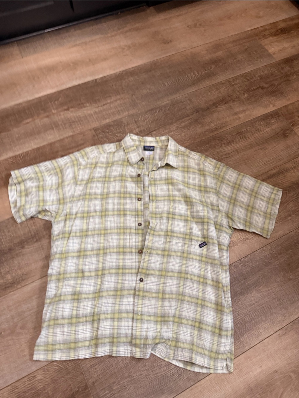 Patagonia Men's Short-Sleeve Plaid Button-Down in Light Green and White